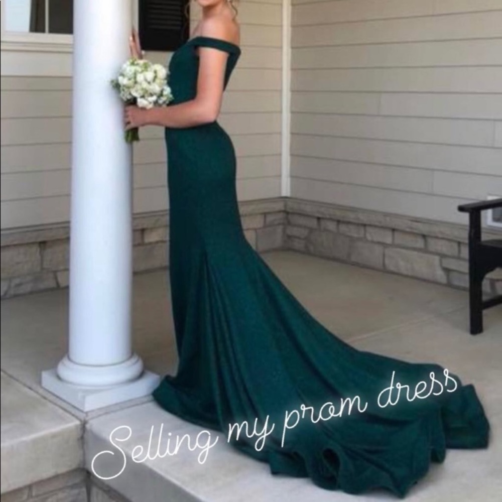 Jovani off the shoulder emerald prom dress